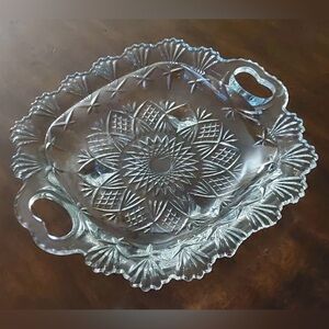 VINTAGE PRESSED GLASS PASARI INDONESIA SERVING DISH TRAY FOOTED HANDLE 10.5 X 9